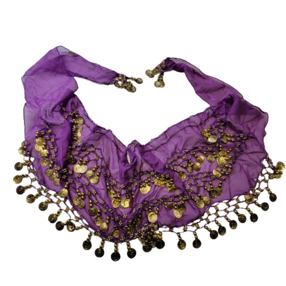 Purple Belly Dance Skirt Scarf, HipScarf with Crocheted Gold Beads Coins - Picture 5 of 5